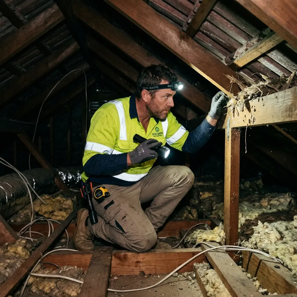 Technician inspecting a roof cavity for a dead animal in Tynong