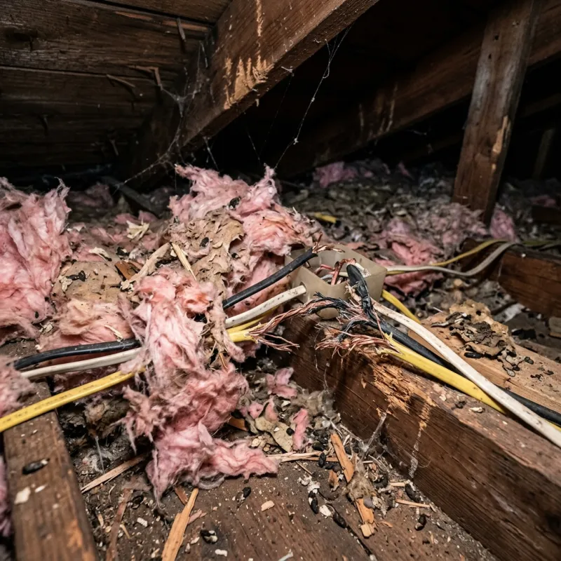 Contaminated ceiling insulation being assessed in a Tynong roof space