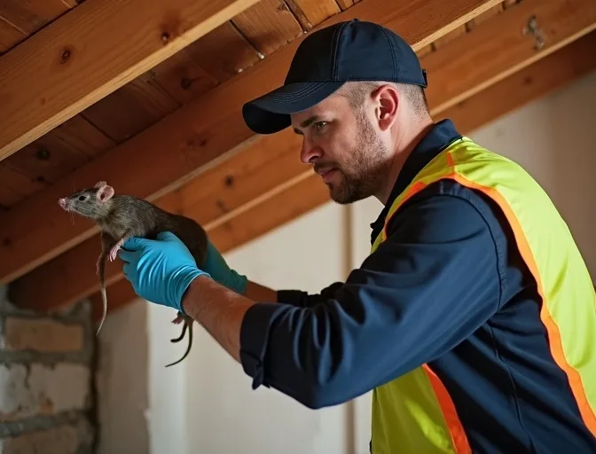 Technician inspecting a roof cavity for a dead rat in Tynong